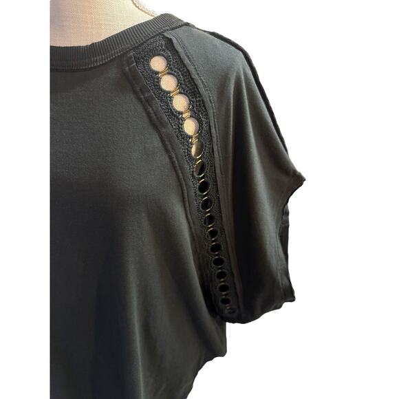 Free People Rough Around The Edge Top Black Dolman Sleeves Crochet Grommet Large - Picture 5 of 12